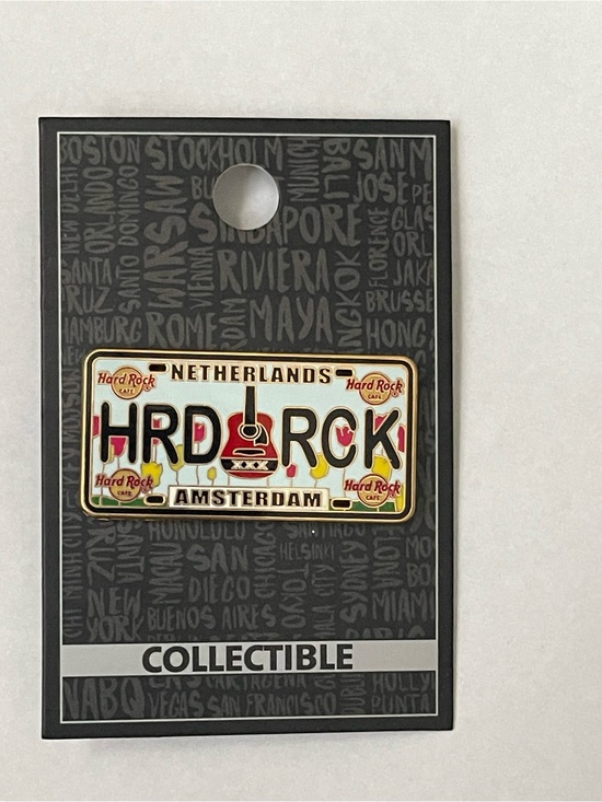 Hard Rock Cafe Jewelry - Hard Rock Cafe Amsterdam License Plate Pin - White, Red, Gold, Black